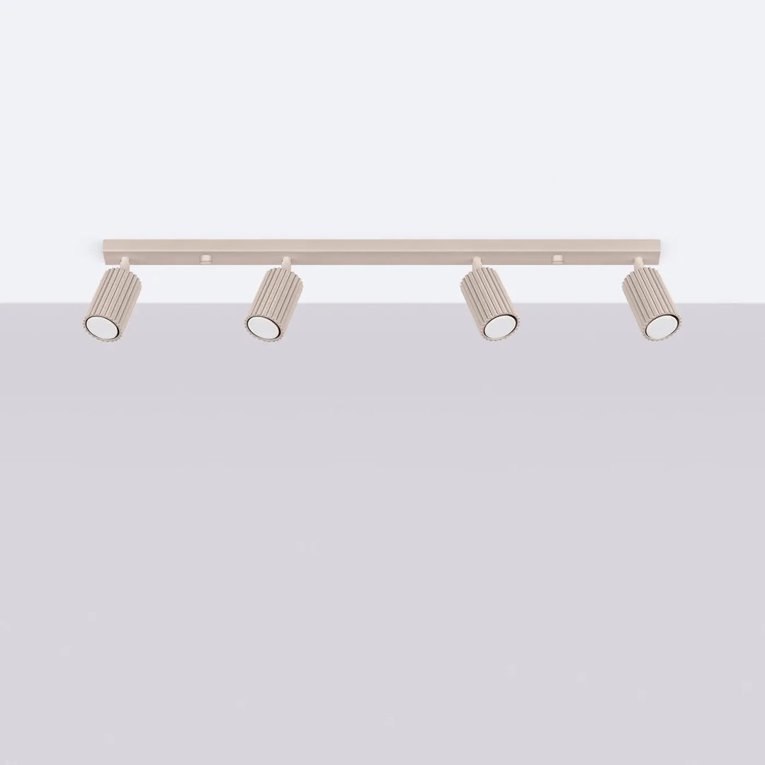 Plafonnier karbon taupe en métal beige avec quatre ampoules gu10 interchangeables design minimaliste