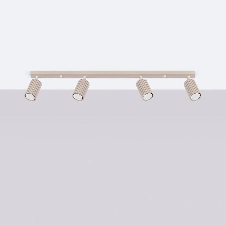 Plafonnier karbon taupe en métal beige avec quatre ampoules gu10 interchangeables design minimaliste