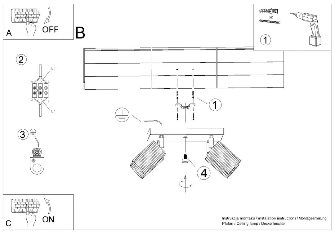Diagramme d’installation pour plafonnier karbon allie taupe avec ampoules gu10 interchangeables et design minimaliste