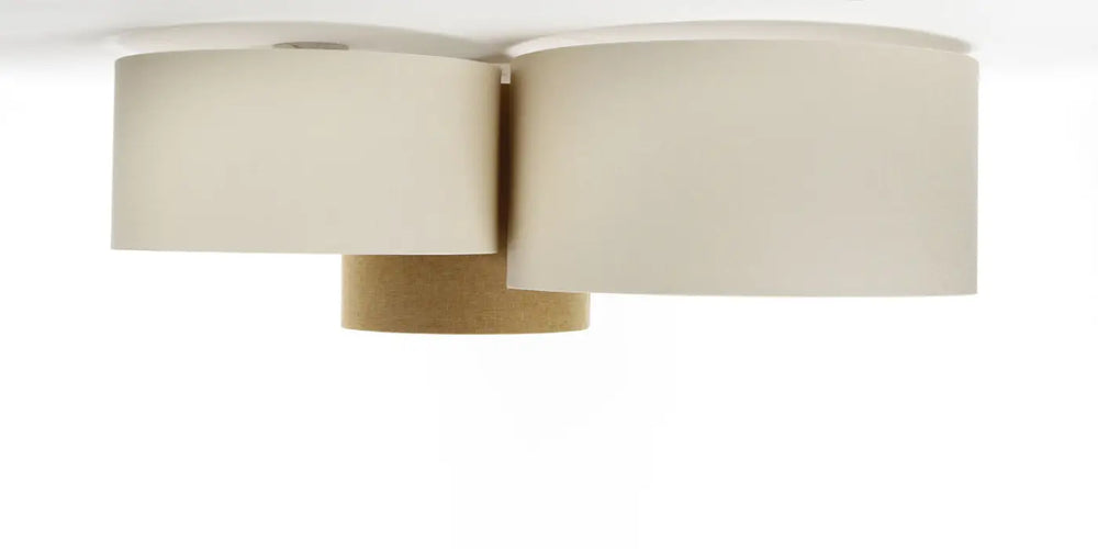 Luminaire plafonnier trio boho elegant avec deux abat-jours cylindriques crème et base en bois naturel moutarde