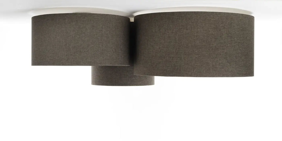 Luminaire plafonnier trio boho elegant avec deux abat-jours cylindriques en tissu gris marron texturé naturel