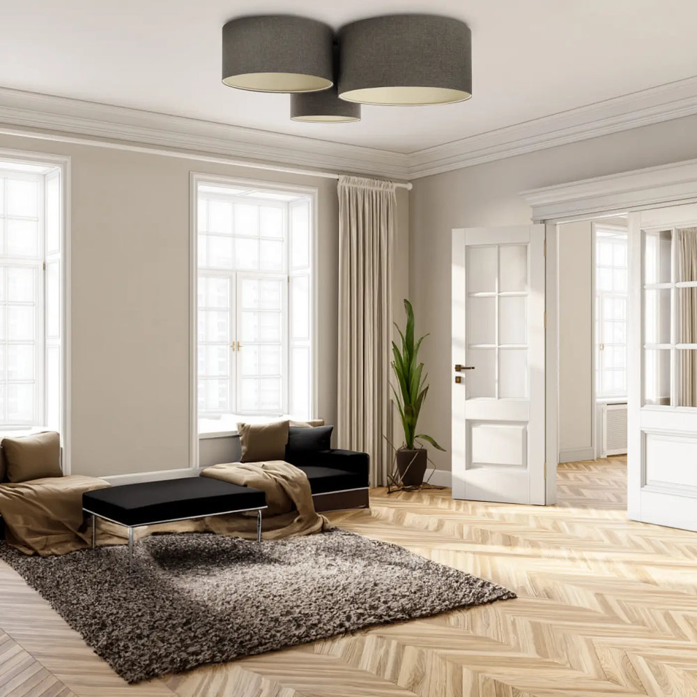 Luminaire plafonnier trio boho elegant avec trois abat-jours cylindriques gris marron élégant dans un design naturel