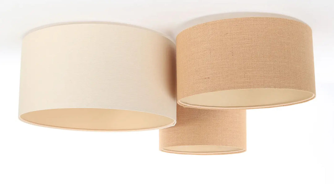 Luminaire plafonnier trio boho crème beige avec abat-jour cylindriques en tissu texturé naturel