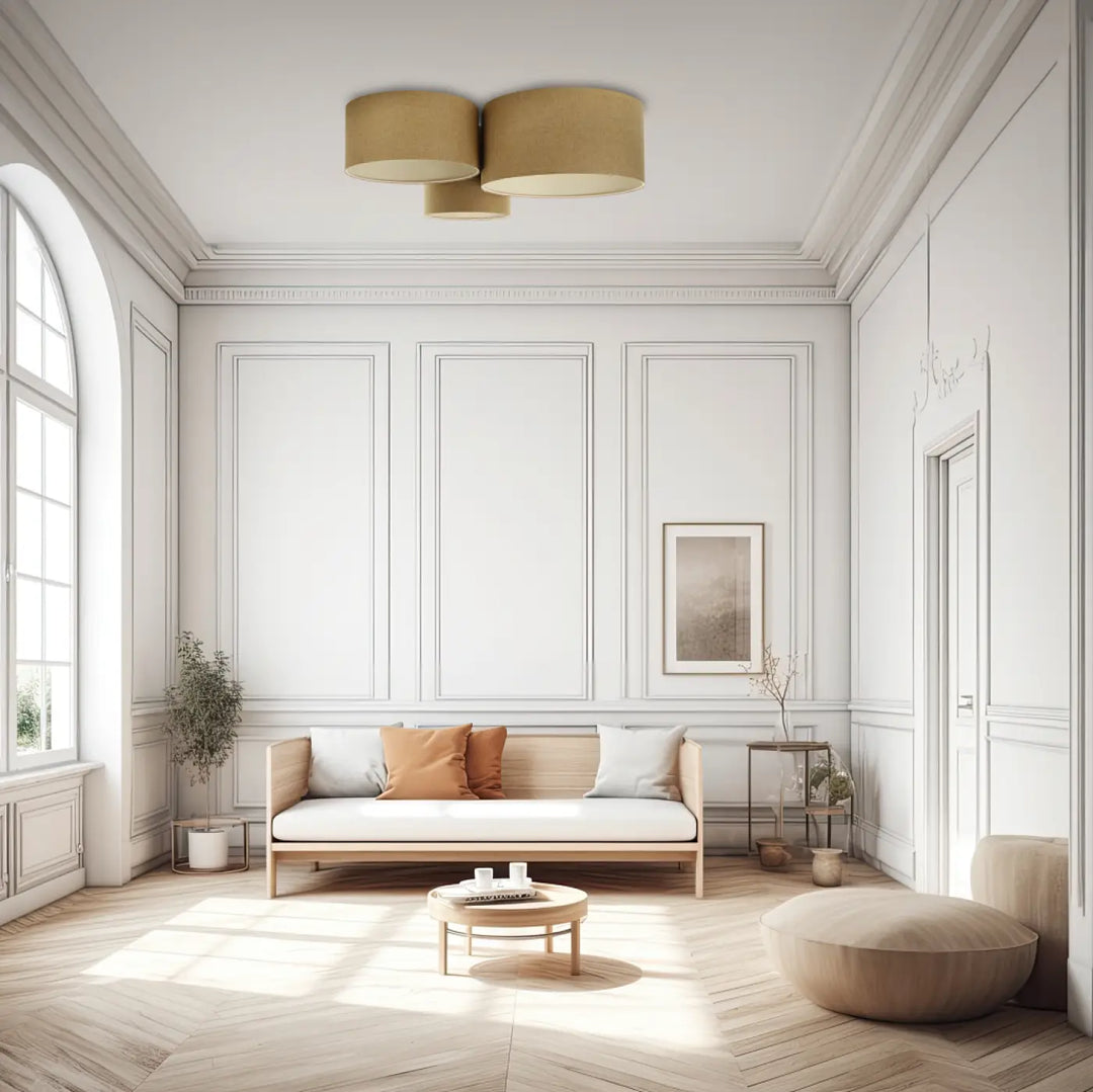 Luminaire plafonnier trio boho elegant beige cylindrique avec trois abat-jours superposés pour plafond naturel