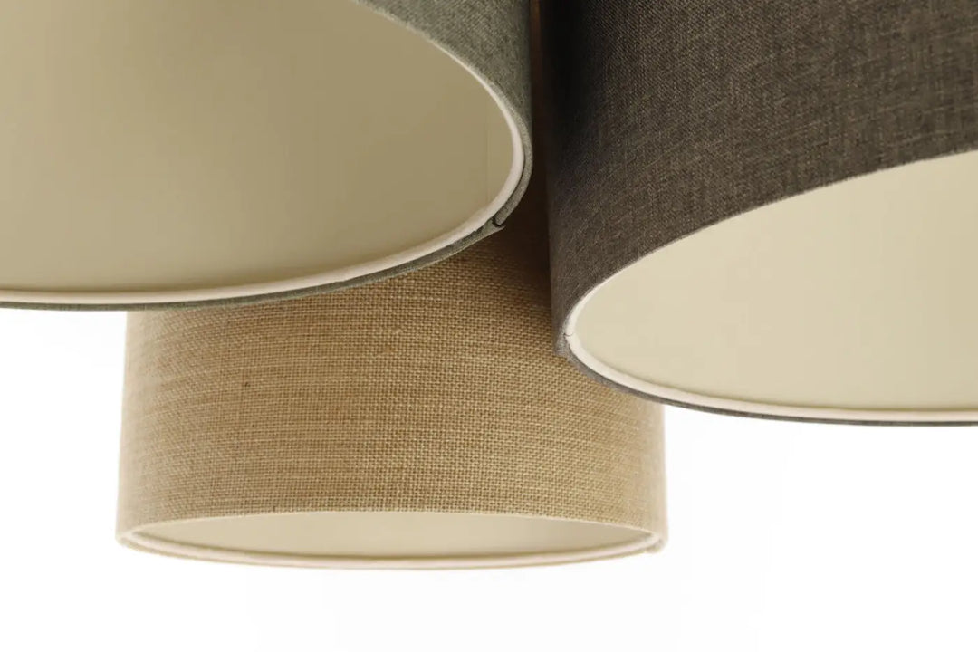Plafonnier trio boho elegant avec abat-jours cylindriques en tissu naturel granite ecru vert gris beige