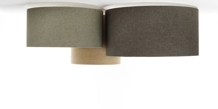 Luminaire plafonnier moderne avec deux abat-jours en tissu texturé naturel olive et beige pour un décor élégant