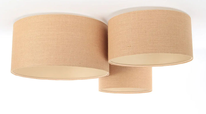 Luminaire plafond trio boho avec abat-jour en tissu tissé beige naturel ecru caramel au fini texturé subtil