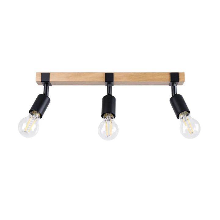 Luminaire plafonnier série zuca 3 noir avec barre en bois naturel, métal noir et ampoules décoratives visibles ajustables