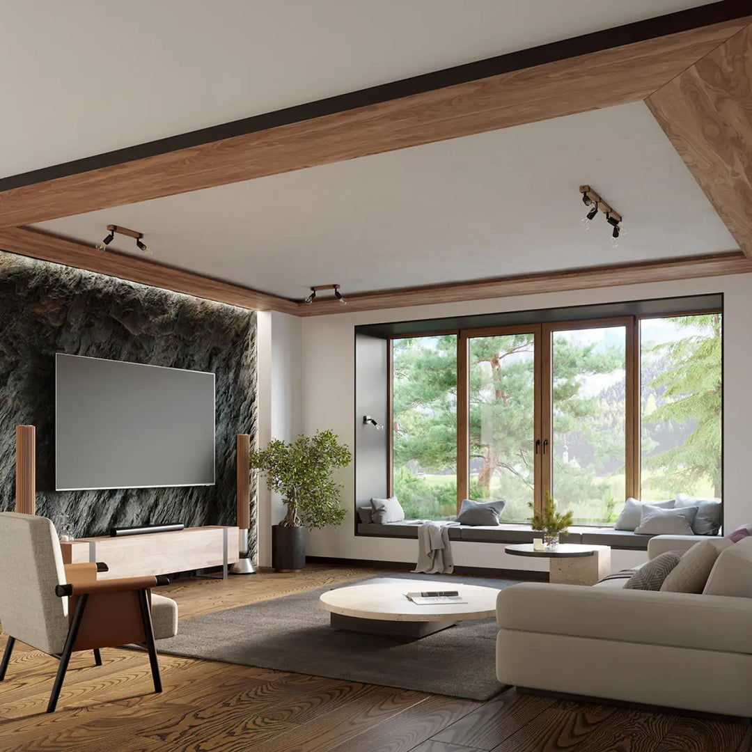 Luminaire plafonnier série zuca noir avec ampoules décoratives visibles dans salon minimaliste avec petites œuvres d’art