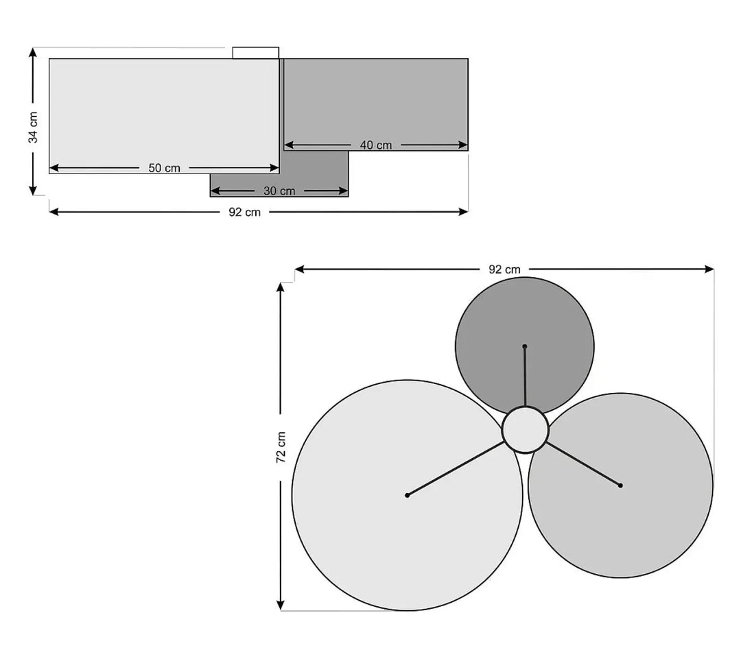 Diagrammes techniques du luminaire plafonnier trio boho elegant avec dimensions et circles naturelles moutarde beige crème écru