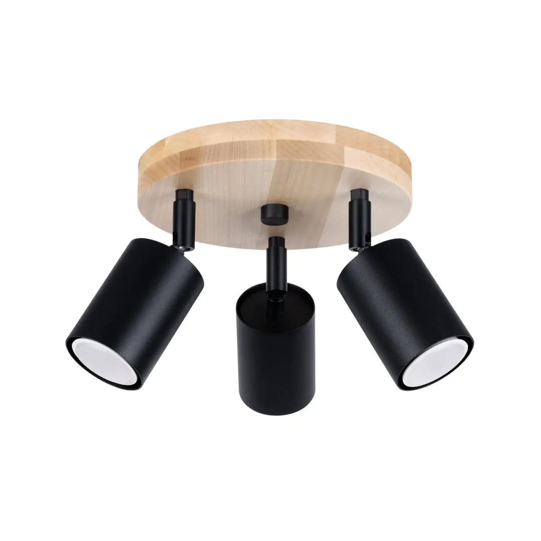 Luminaire plafonnier verdo 3p noir avec spots cylindre modernes et base circulaire en bois clair design moderne