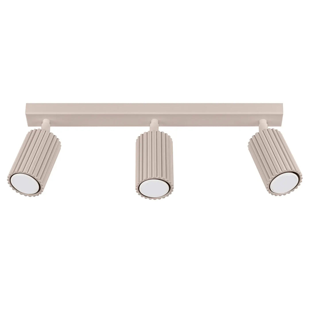 Plafonnier karbon allie beige taupe trois lumières avec abat-jour cannelé en forme cylindrique et ampoules gu10 interchangeables design minimaliste