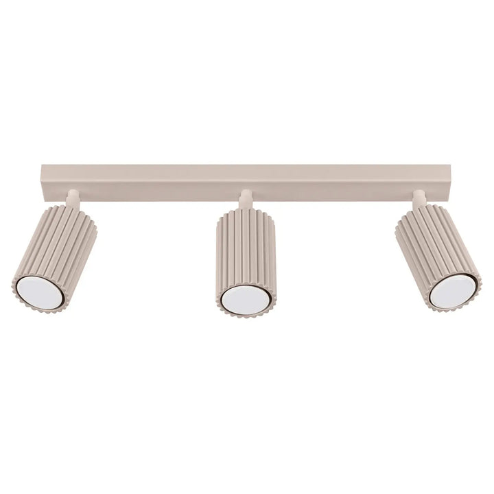 Plafonnier karbon allie beige taupe trois lumières avec abat-jour cannelé en forme cylindrique et ampoules gu10 interchangeables design minimaliste