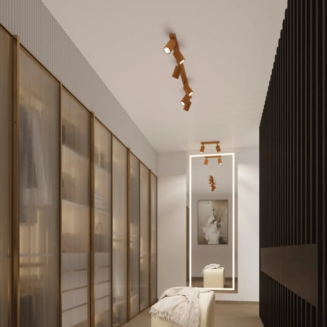 Luminaire plafonnier karbon 40 design minimaliste en bois avec ampoules gu10 interchangeables et spots ajustables