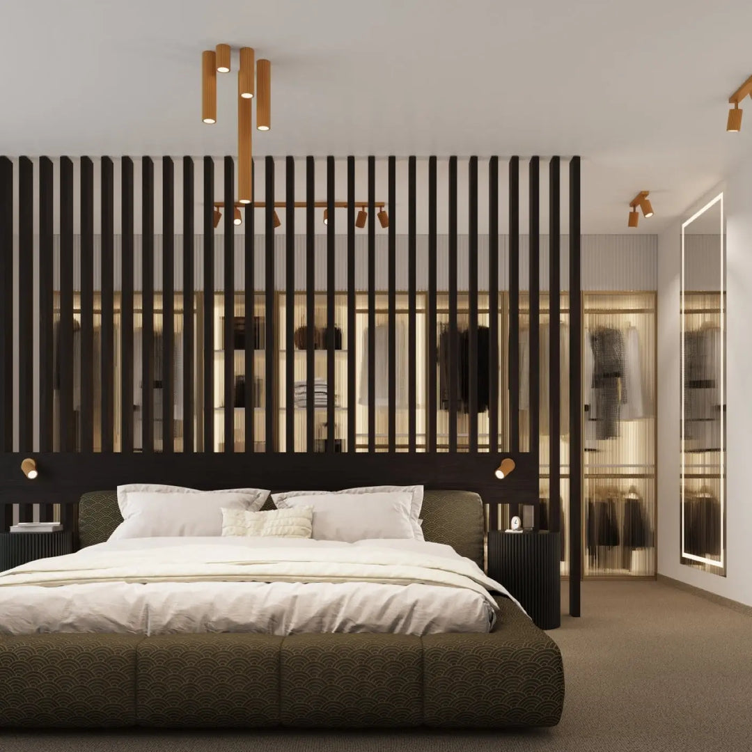 Lit moderne avec tête et pied de lit vert foncé en tissu assorti et literie blanche pour plafonnier karbon design minimaliste