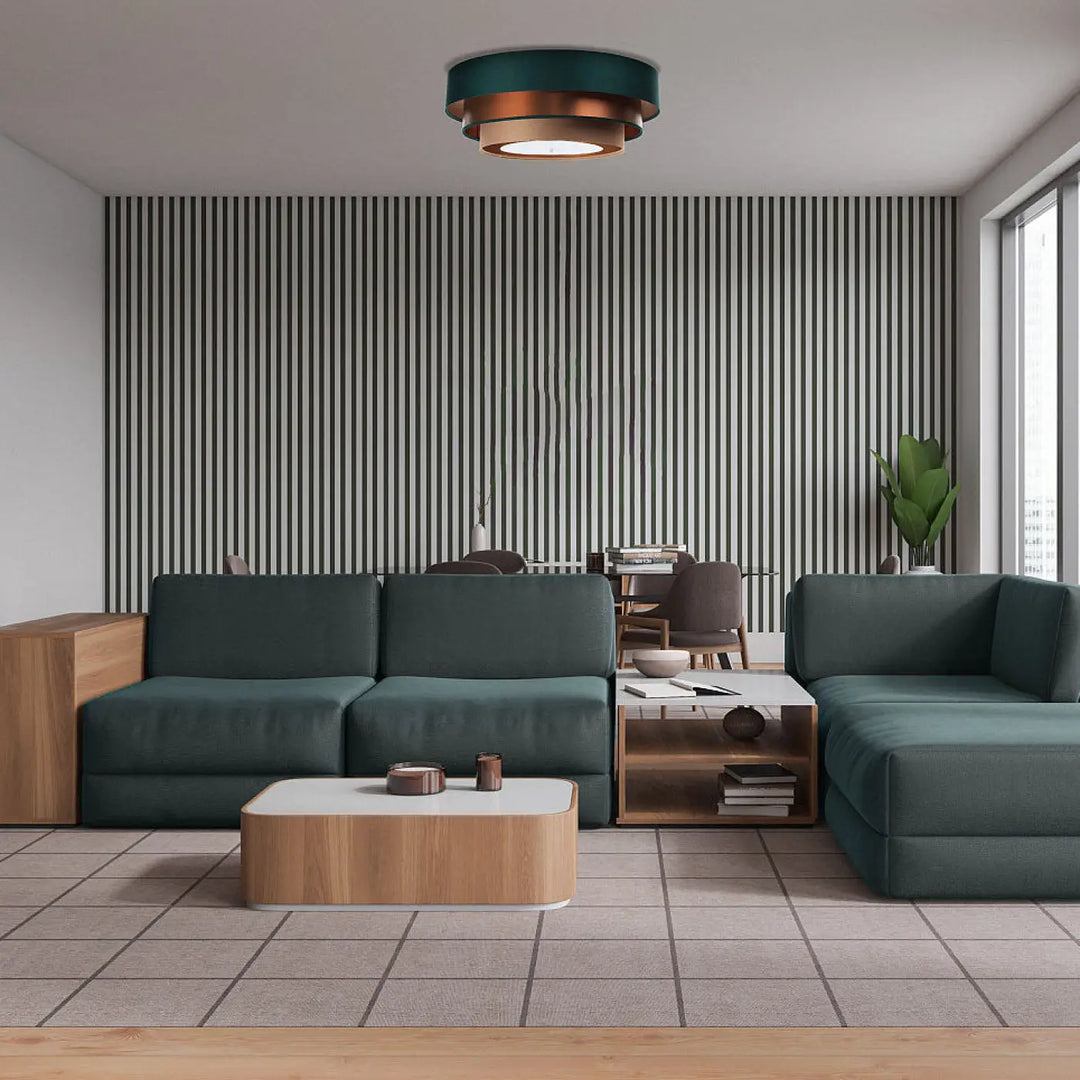 Luminaire plafonnier vert triniti elegant avec canapé sectionnel teal moderne en tissu doux