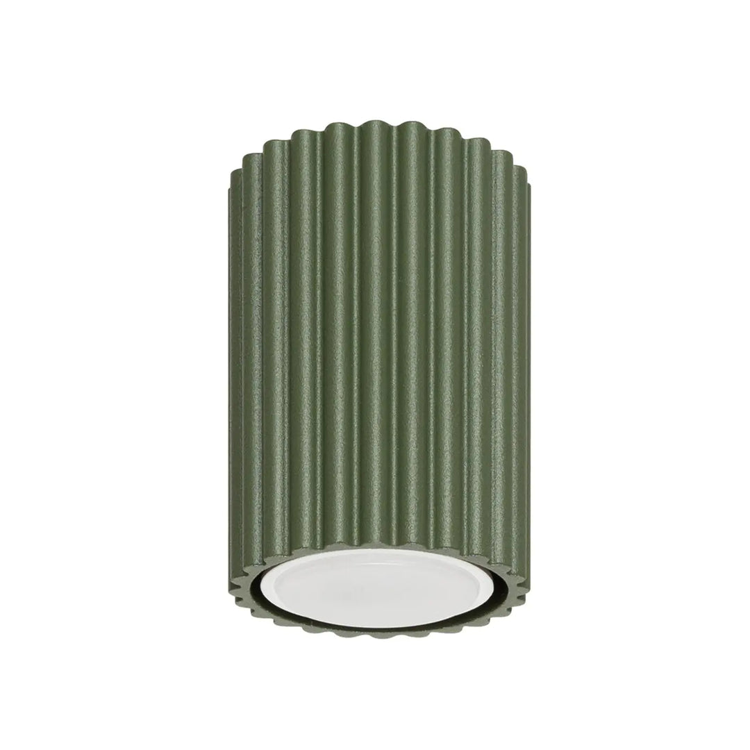Plafonnier karbon allie vert olive avec ampoules gu10 interchangeables design minimaliste et structure cylindrique côtelée