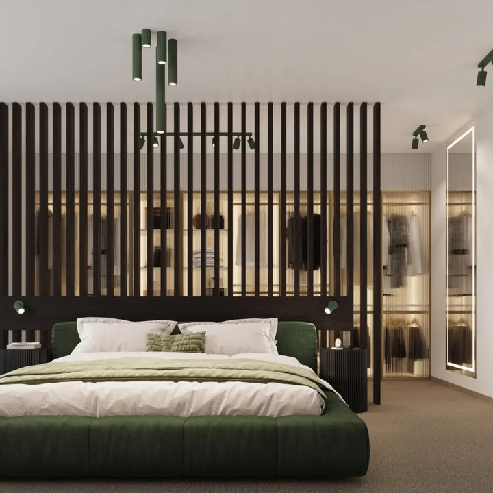 Luminaire plafonnier karbon 10 vert olive avec design minimaliste et ampoules gu10 interchangeables dans chambre élégante