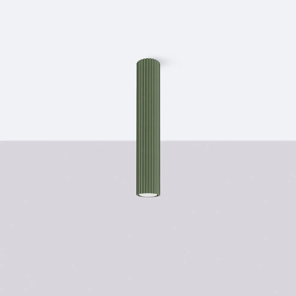 Plafonnier karbon allie design minimaliste cylindrique en vert olive avec ampoules gu10 interchangeables ribbées
