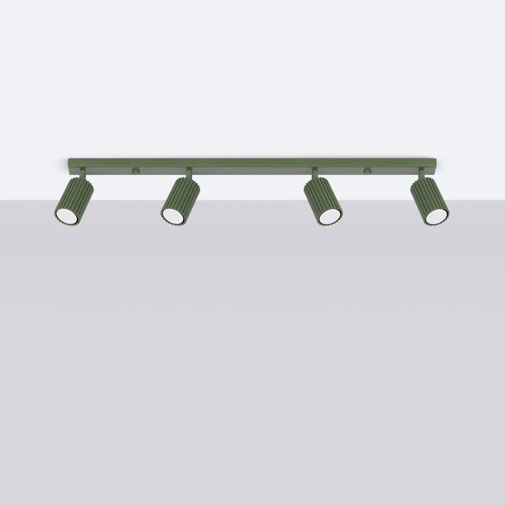 Plafonnier karbon allie en métal vert olive avec 4 spots cylindriques à ampoules gu10 interchangeables design minimaliste