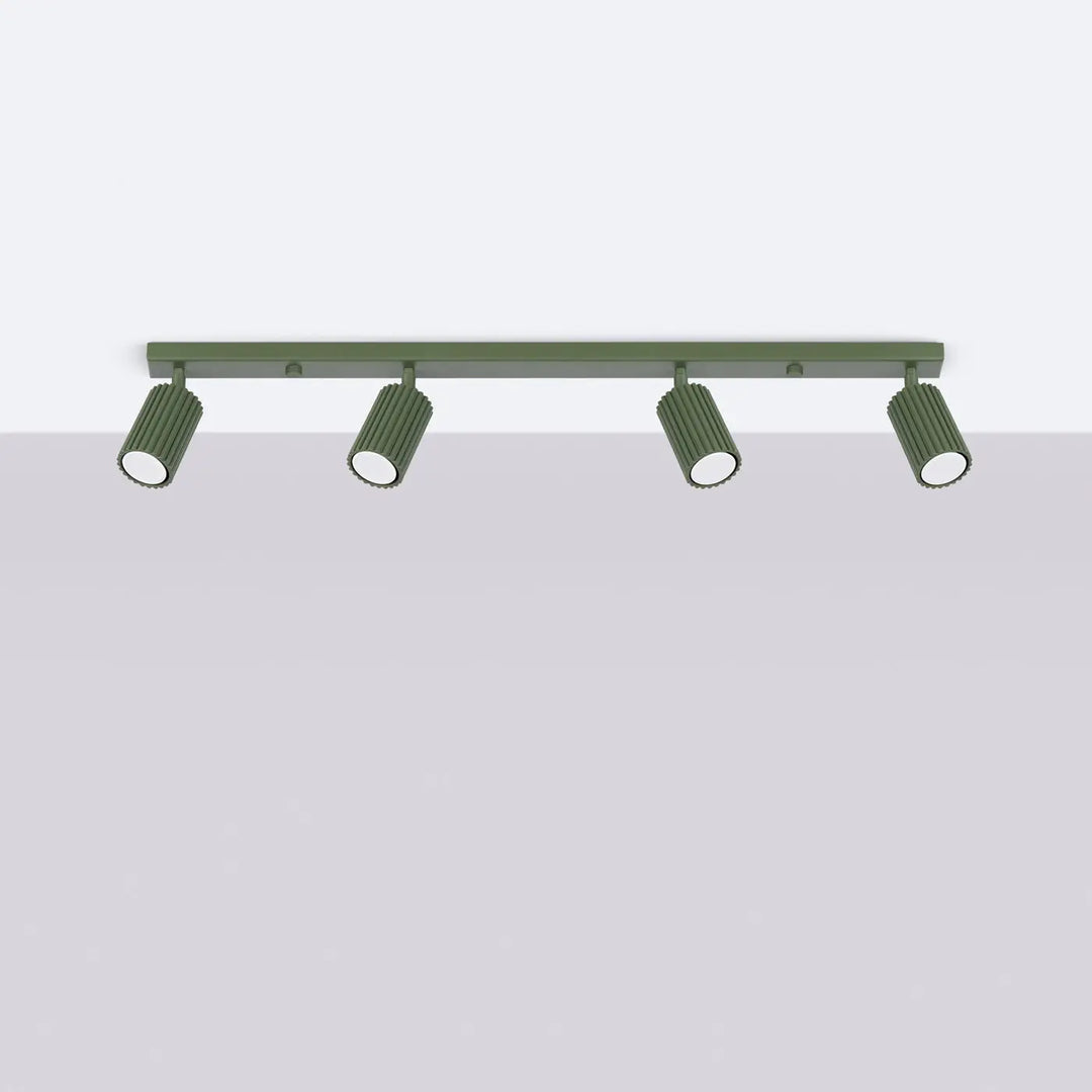 Plafonnier karbon allie en métal vert olive avec 4 spots cylindriques à ampoules gu10 interchangeables design minimaliste