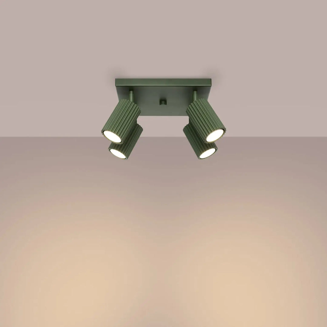 Plafonnier karbon allie design minimaliste vert olive avec quatre ampoules gu10 interchangeables et têtes cylindriques ajustables