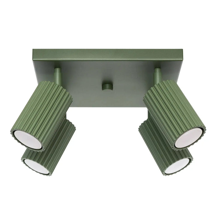 Plafonnier karbon allie vert olive avec quatre spots cylindriques nervurés et ampoules gu10 interchangeables design minimaliste