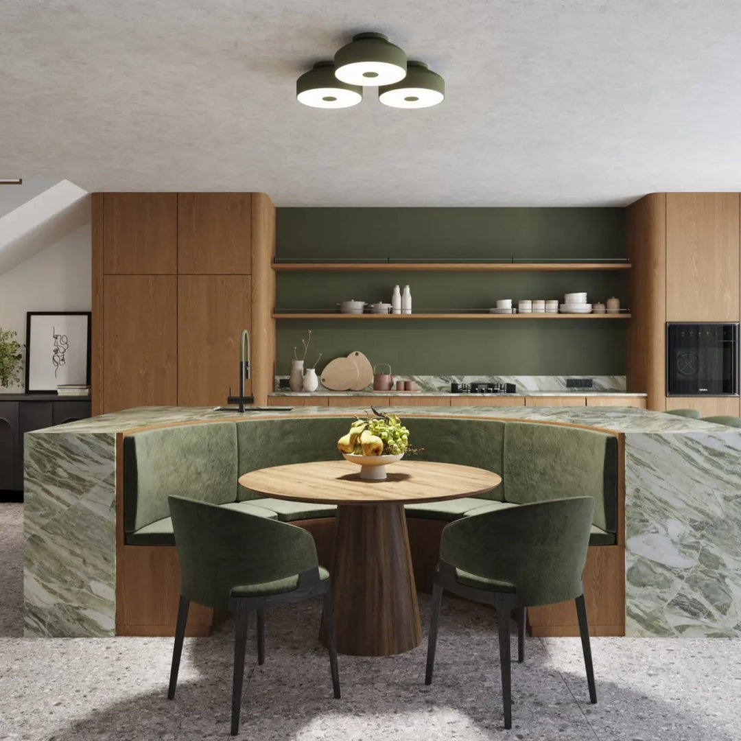 Luminaire plafonnier omiq vert olive allie simplicité et design exceptionnel avec cadre en bois et plan de travail en marbre