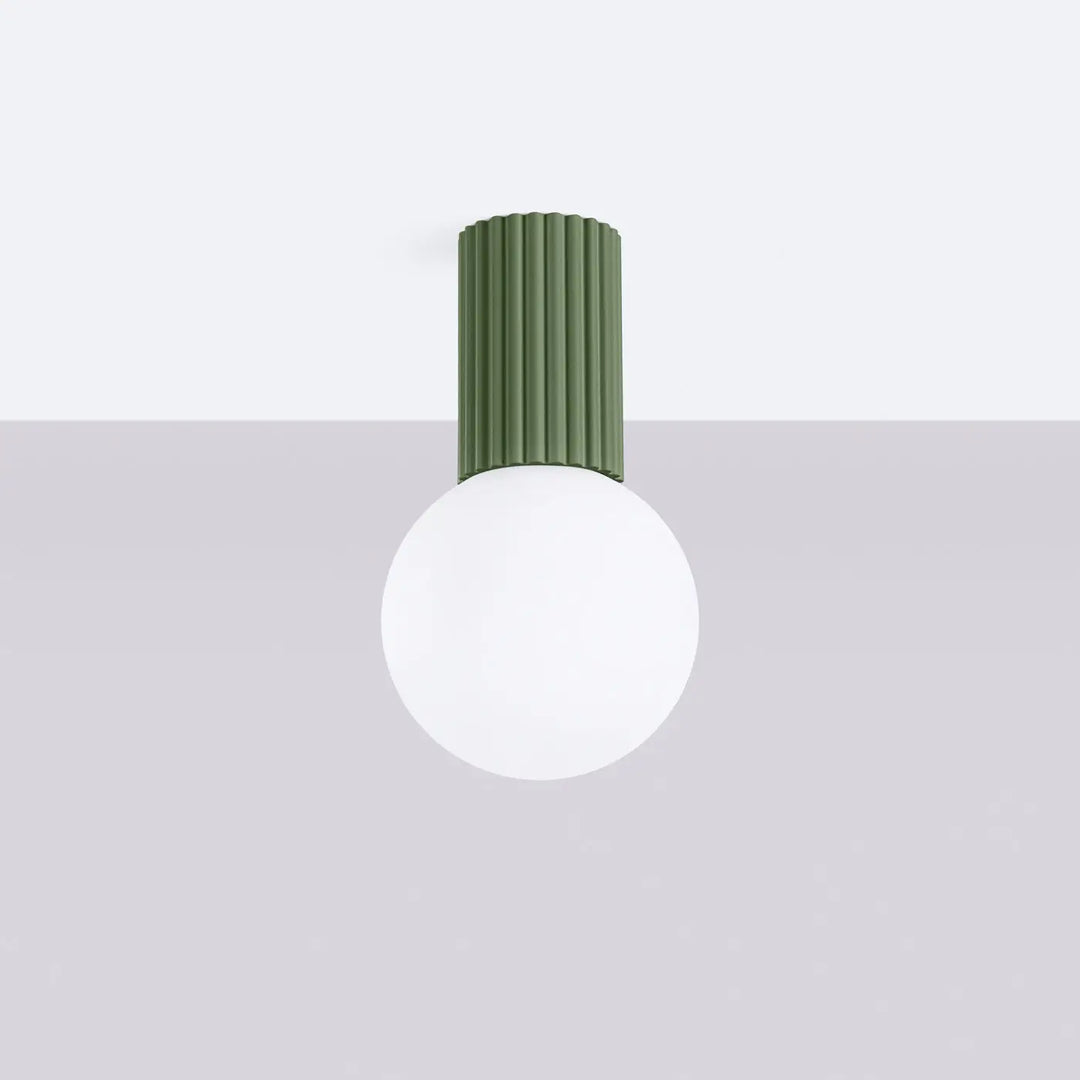 Luminaire plafonnier lampe halo vert olive avec tube cannelé et sphère laiteuse pour bureau décorative