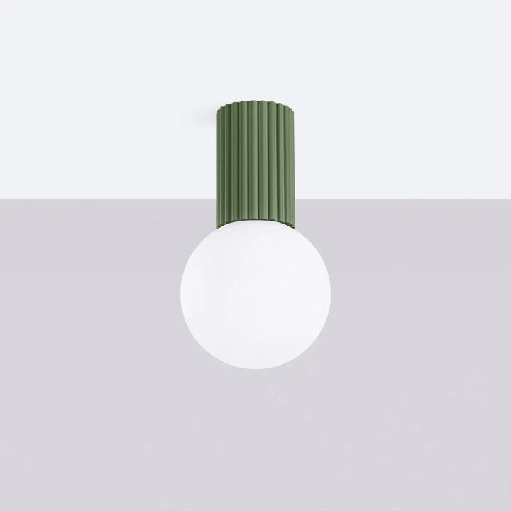 Luminaire plafonnier lampe halo vert olive avec tube cannelé et sphère laiteuse pour bureau décorative