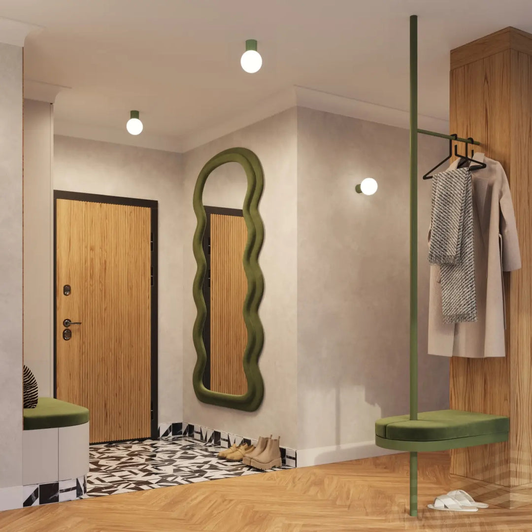 Miroir vert olive à cadre ondulé moderne pour bureau décorative avec lampe halo et sphère laiteuse luminaire plafonnier halo