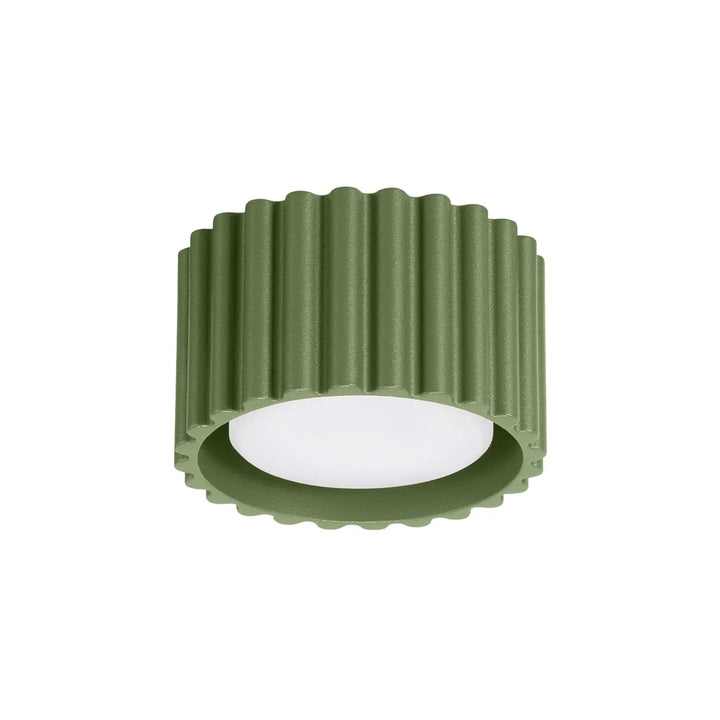 Luminaire plafonnier aura 1 vert olive avec diffuseur blanc circulaire en métal nervuré à forme unique inspirée