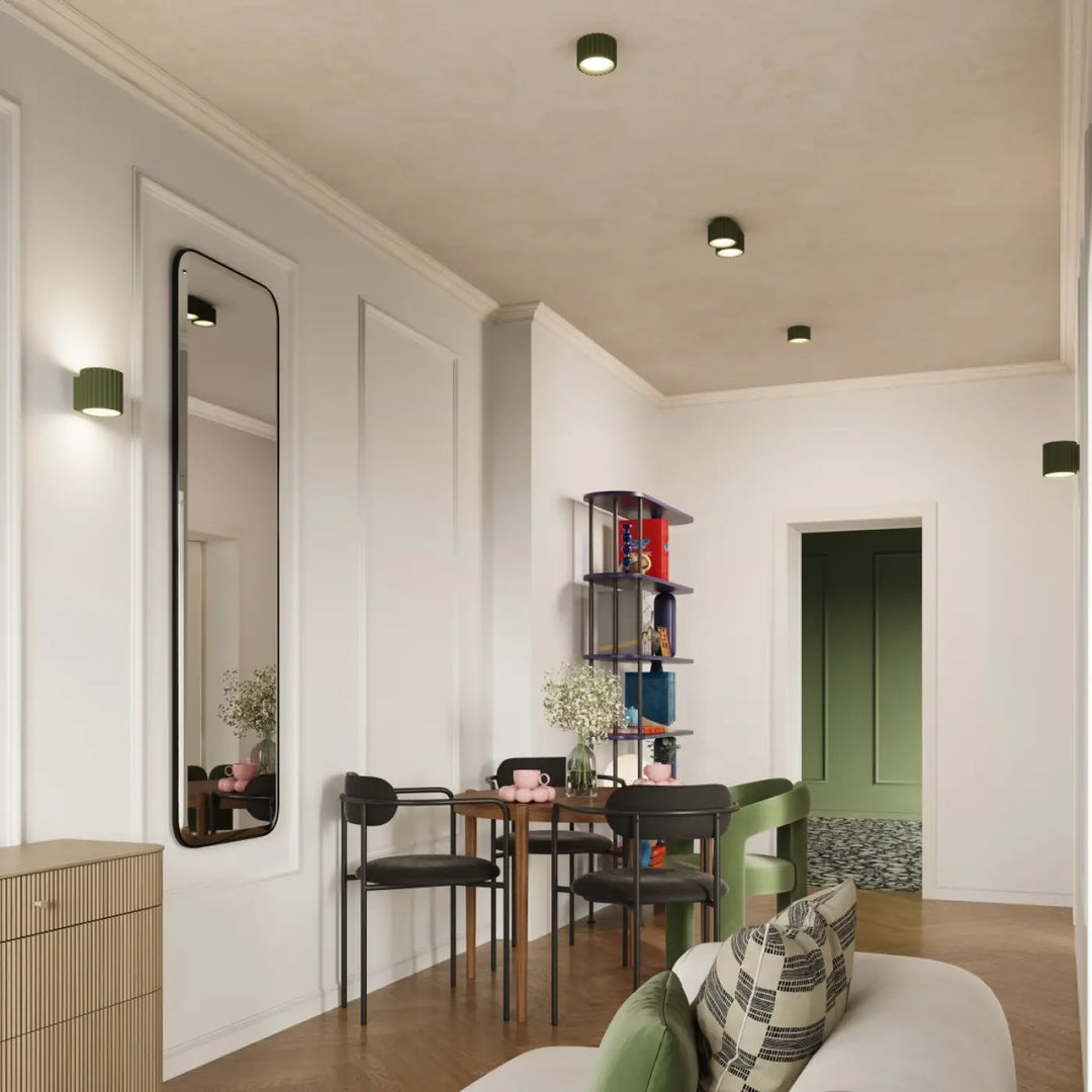Long miroir rectangulaire avec cadre noir forme unique inspirée pour luminaire plafonnier aura 1 vert olive