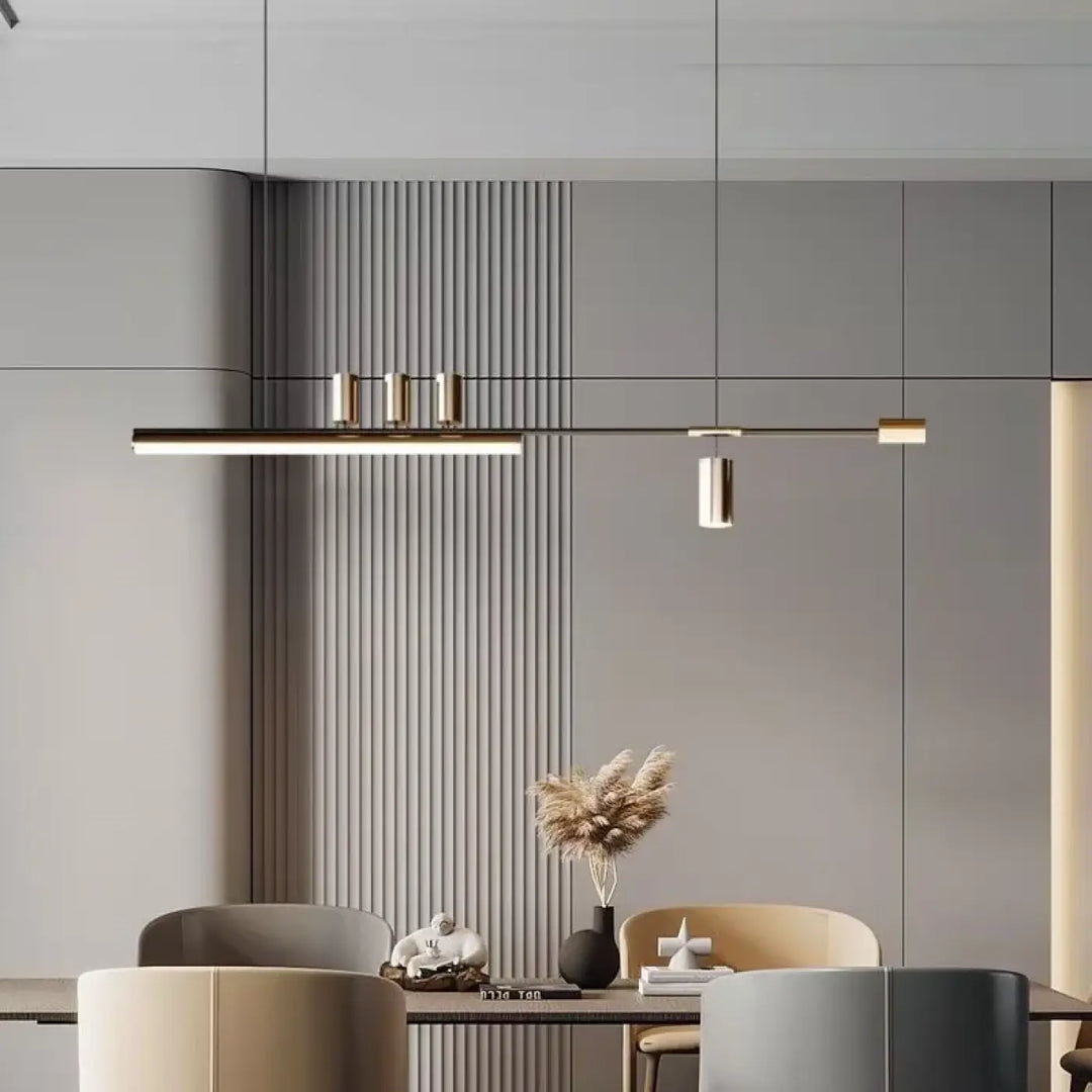 Suspension luminaire restih moderne minimaliste avec accents noirs et dorés et design linéaire cylindrique