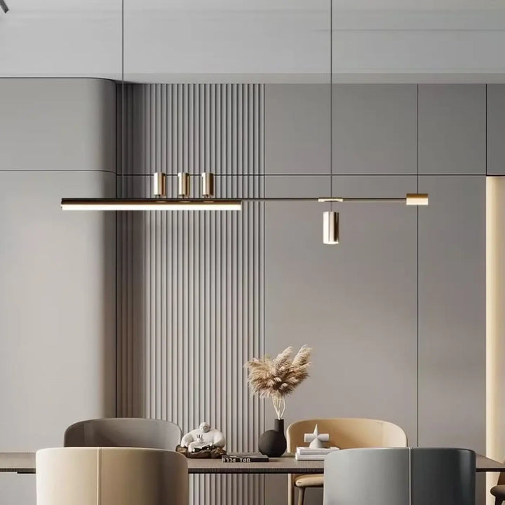 Suspension luminaire restih moderne minimaliste avec accents noirs et dorés et design linéaire cylindrique