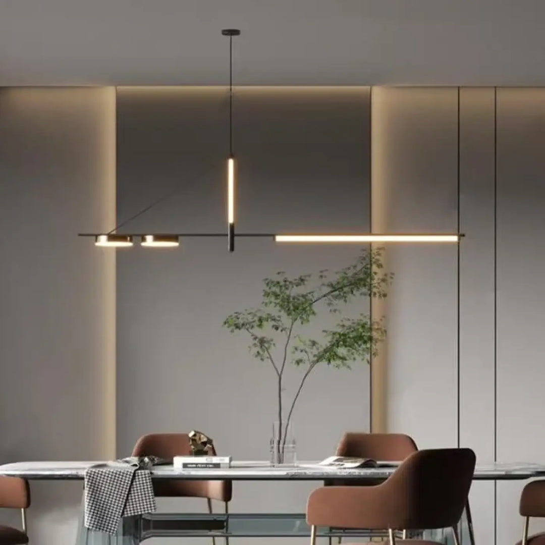 Suspension luminaire restih avec cadre métallique noir moderne et bande led chaude intégrée pour un éclairage minimaliste
