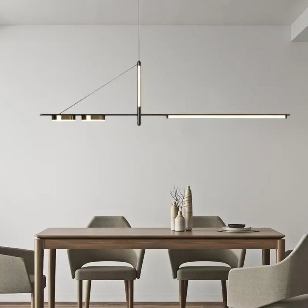 Suspension luminaire restih avec cadre métallique noir moderne, bande led intégrée et finitions dorées élégantes
