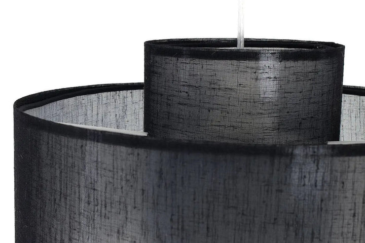 Suspension luminaire noire double en tissu texturé avec design cylindrique superposé et finition subtilement brillante