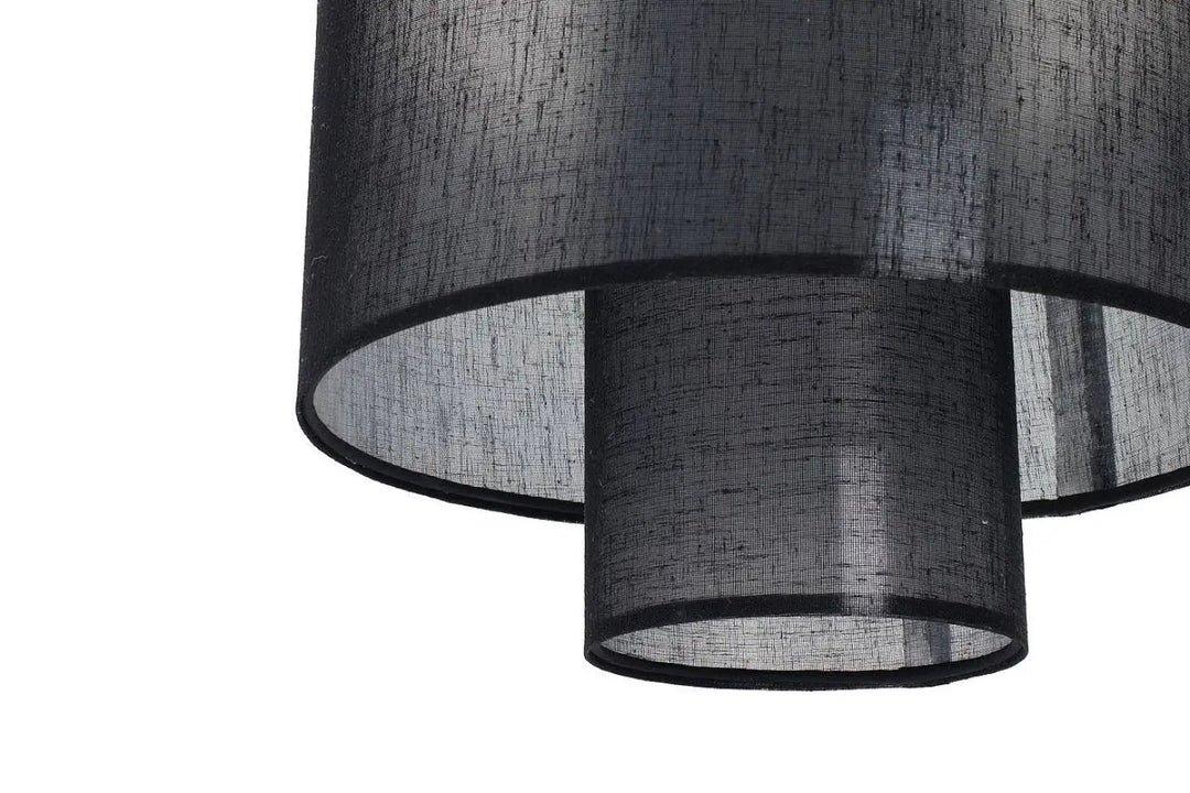 Suspension luminaire noire double en tissu texturé noir avec design cylindrique superposé