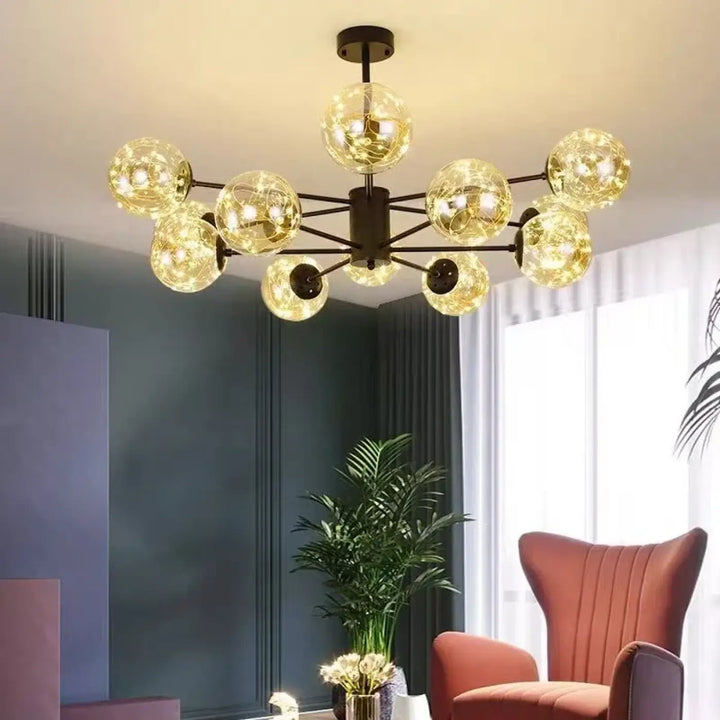 Suspension luminaire andreL design moderne avec globes en verre doré et structure métal noir parfaite pour salle à manger
