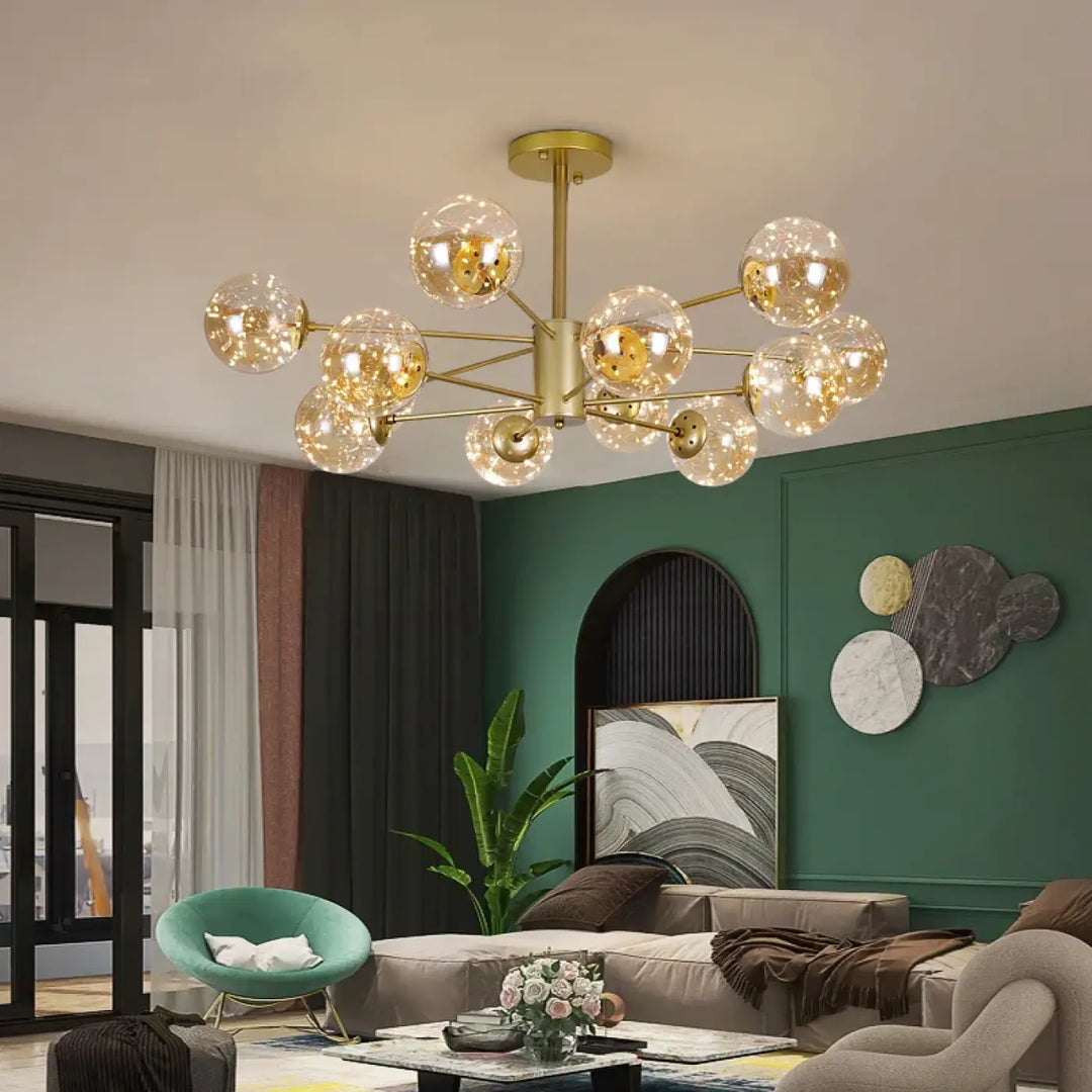 Lustre suspension luminaire andreL doré avec globes en verre clair design moderne pour salle à manger