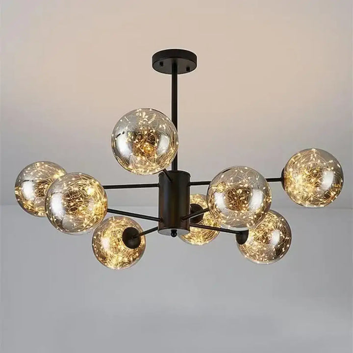 Lustre suspension andrel moderne en métal noir avec huit sphères en verre clair et guirlandes lumineuses pour salle à manger