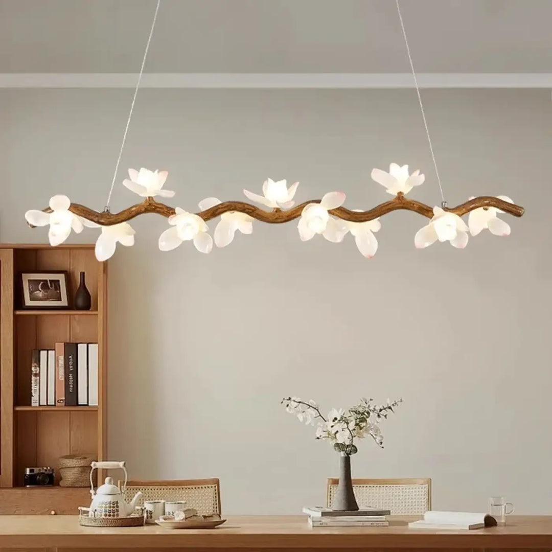 Suspension luminaire jemah en forme de branche avec fleurs blanches lampe suspendue chaleureuse pour petits mètres carrés