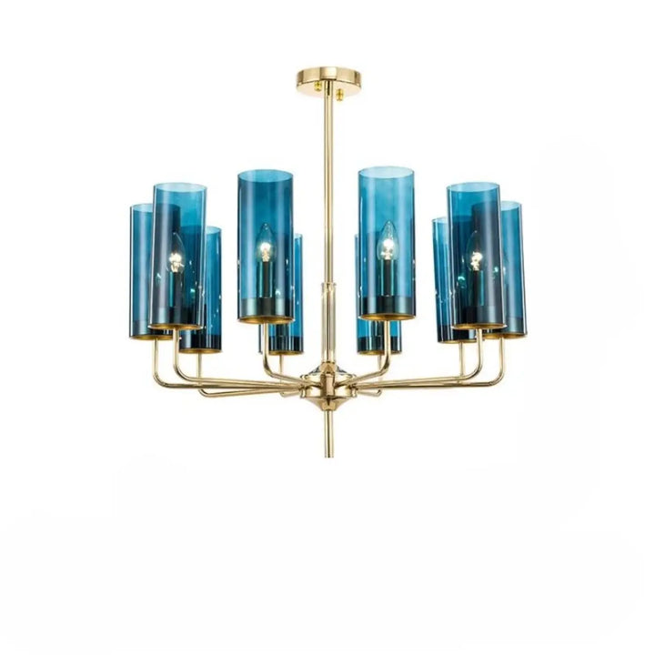 Lustre organis chandelier élégant en verre bleu avec bras finition laiton style nordic design glass et éclairage doré