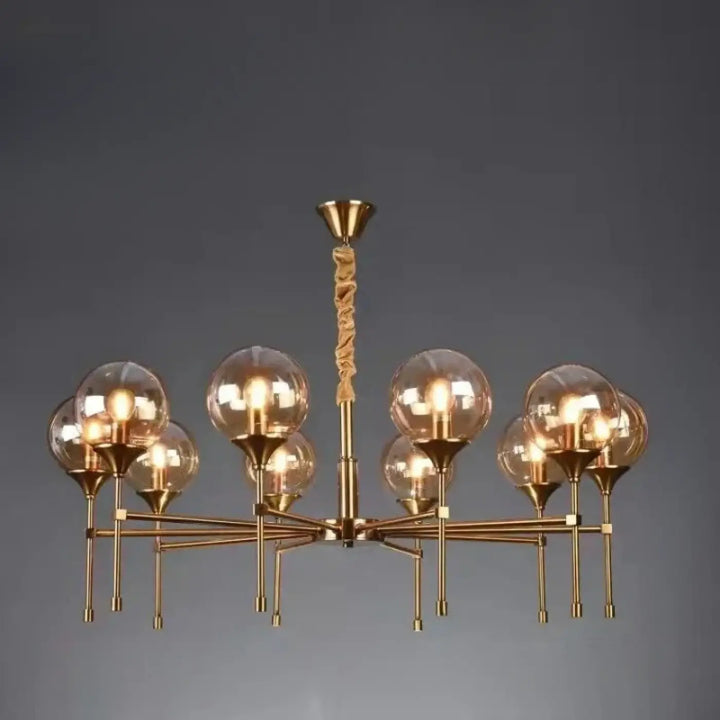 Suspension luminaire bublor en laiton avec huit globes en verre ambré et détail corde torsadée frais supplémentaires