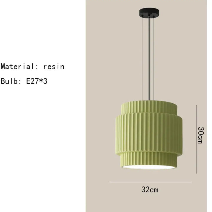 Suspension luminaire crebia en résine verte clair avec design strié à étages et trois ampoules e27