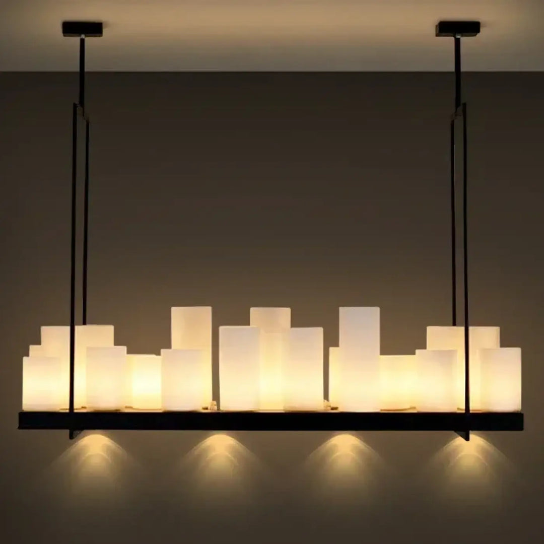 Suspension luminaire troreh led chandeliers avec cadre métal noir et panneaux verre dépoli pour lumière ambiante chaleureuse
