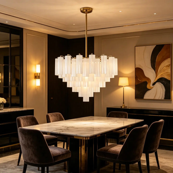 Luxury gold double tier glass luster chandelier with translucent white glass tubes and brass fixture for exhibition hall corridor