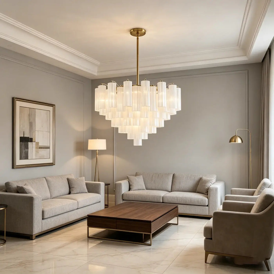 Luxury gold double tier glass luster chandelier with translucent white glass tubes and brass fixture for exhibition hall corridor