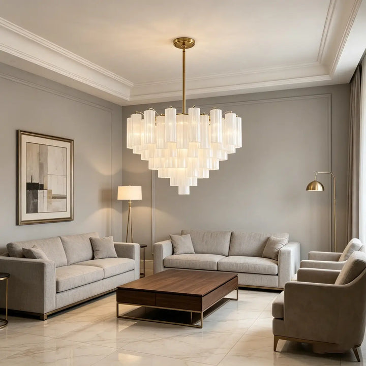 Luxury gold double tier glass luster chandelier with translucent white glass tubes and brass fixture for exhibition hall corridor